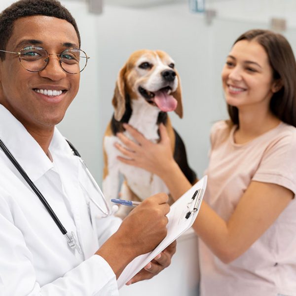 Veterinário anotando receita de cão